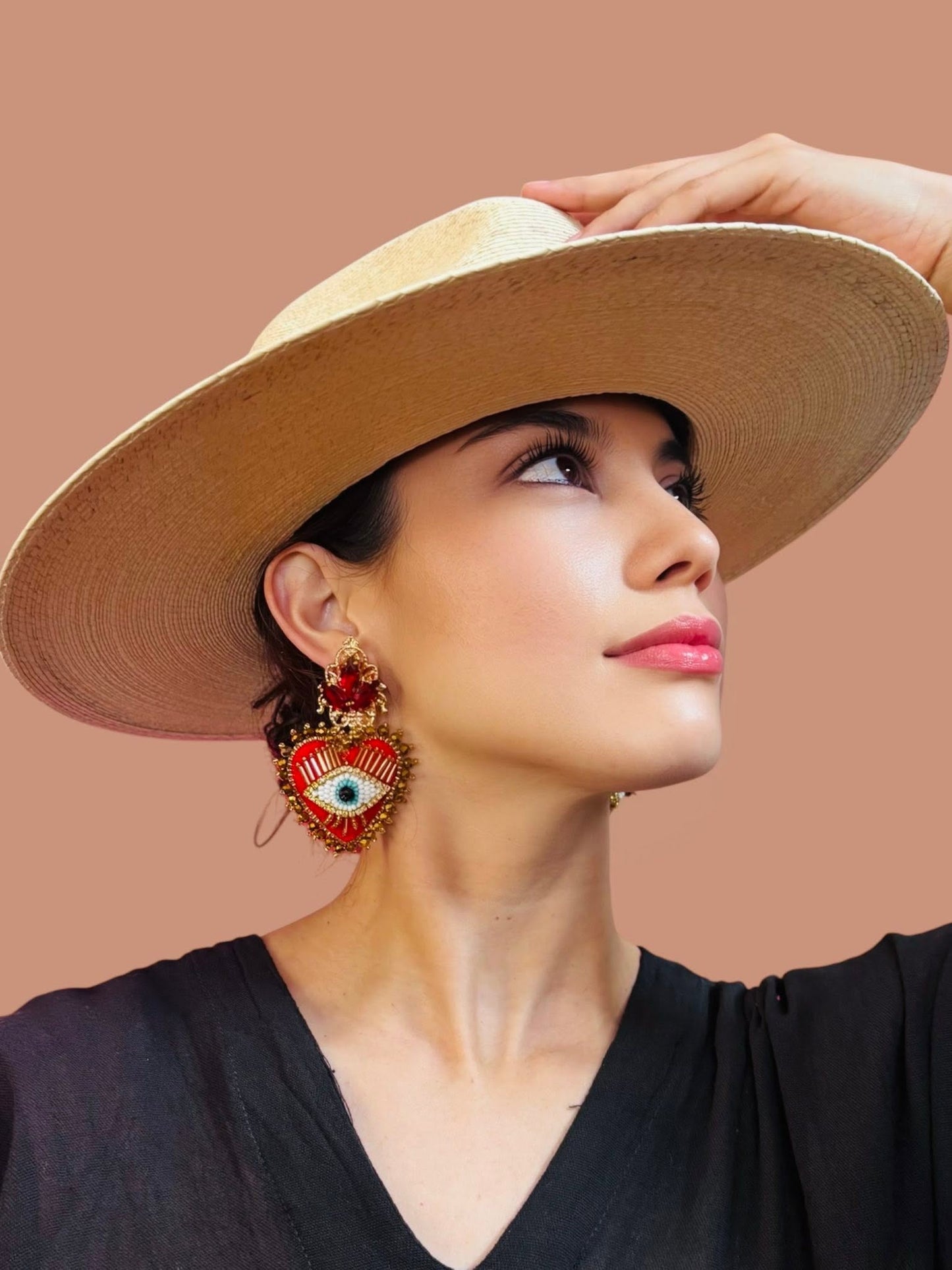 Red Ojito Embroidered Statement Earrings