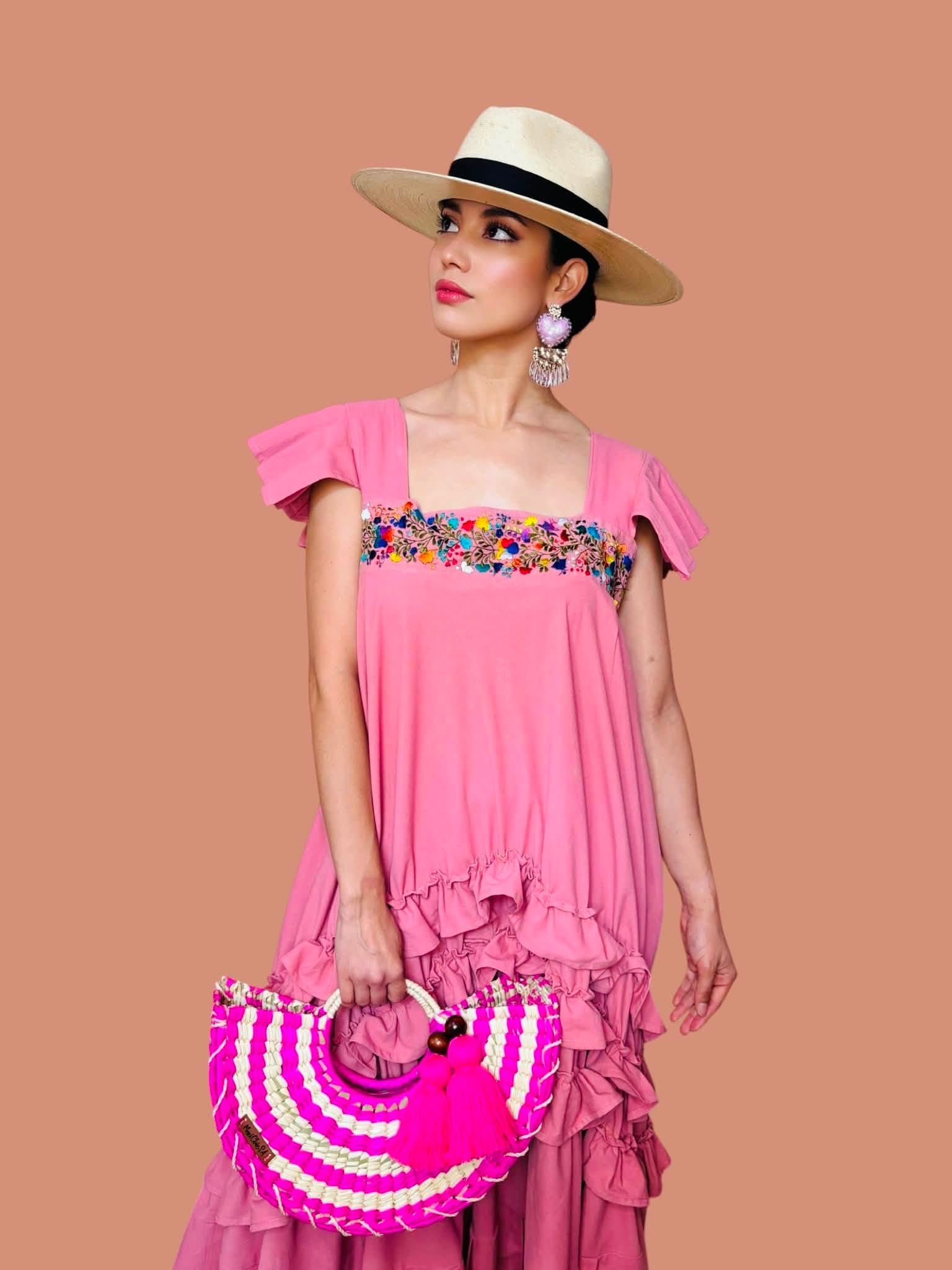 mexican pink dress Rocio Oaxaca Dress- Colour Pants Brown Grouped Uno birthday outfit Teal And Purple Wedding Length:20