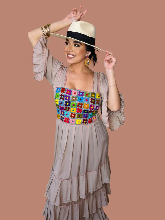 Vicenta Embroidered Dress- Beige
