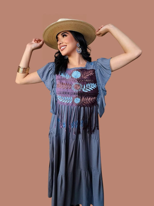 Pamela Rococo Embroidered Dress- Blue